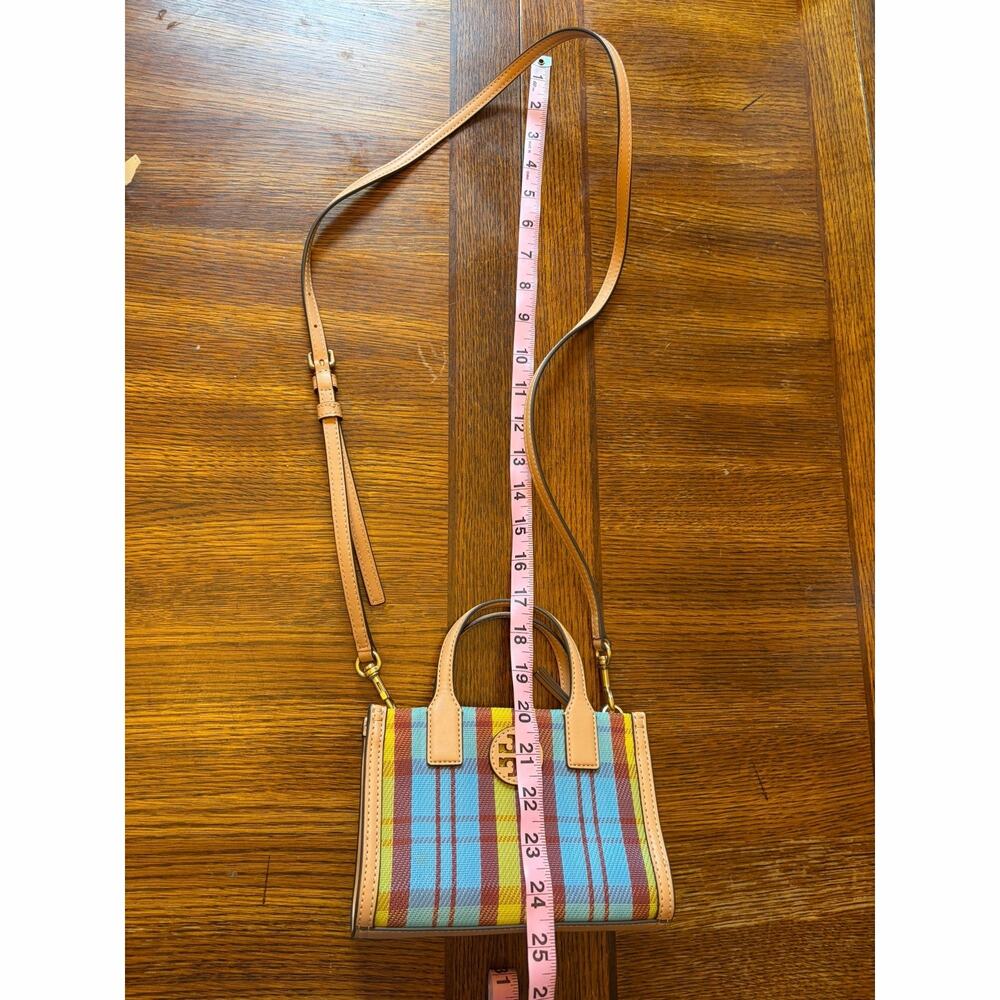 Tory Burch Ella Mini Plaid Top Handle Crossbody Tote Bag Multicolor Leather Trim - Picture 12 of 16